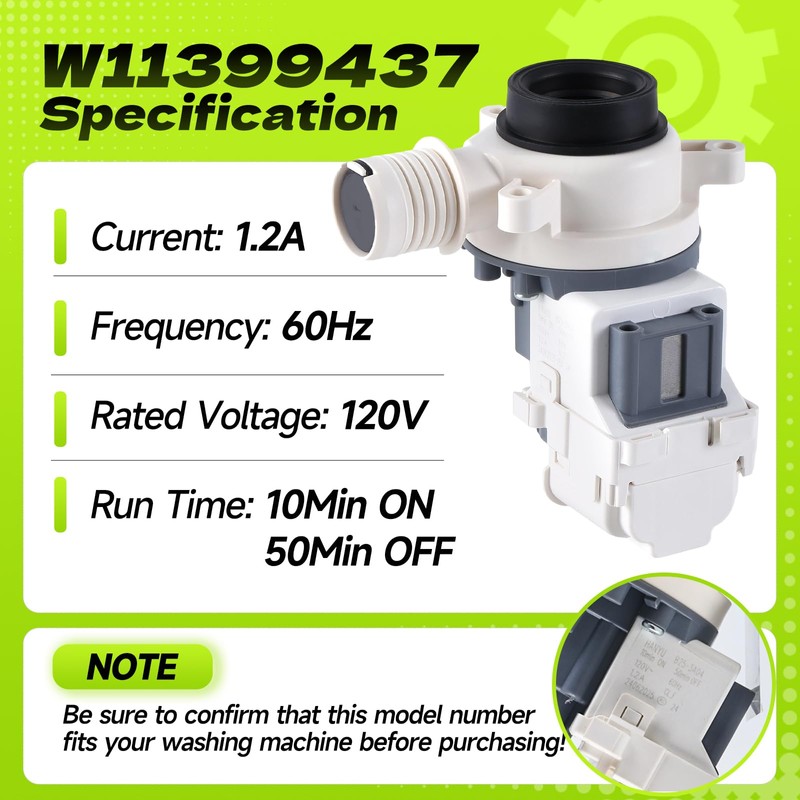 W11399437 W11259498 Washer Drain Pump Assembly Compatible with Whirlpool Maytag