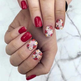Vopintpy Red White Daisy Flower Press on Nails Short Square Fake Nails with Glue on Nails Glossy Solid Color Acrylic Nails Reusable Full Cover Stick on Nails for Women Girls