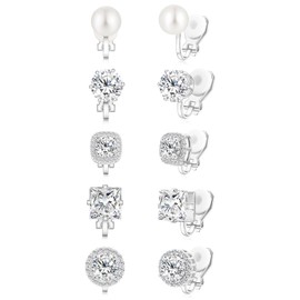 Silver Cubic Zirconia Clip on Earrings - Women Hypoallergenic Comfortable Non Pierced Stud Earrings for Wedding and Dance Competitions, Clip-on Earrings