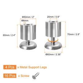 uxcell 4Pcs Metal Adjustable Furniture Legs, 60-70mm(2.4"-2.8") Cabinet Feet Support Replacement for Bed, Chair, Sofa, Table, Silver (W/Screws)