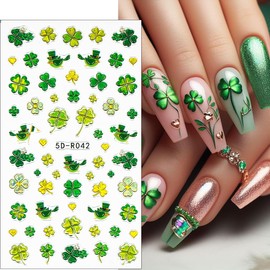 2Sheets St Patrick's Day Nail Stickers Shamrock Nail Decals 5D Self-Adhesive Irish Nail Design Stickers Luck Four Leaf Clover Nail Art Stickers St. Patrick's Day Nail Supplies for Women DIY Manicure