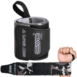 EVO Fitness Pair of 18” Deep Black Weight Lifting Wrist Wraps Support Elasticated Cotton Straps Thumb Loop Powerlifting Bodybuilding Strength Gym Training Workout (Camo Grey)
