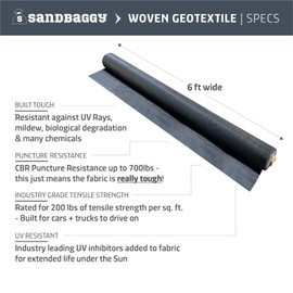 Sandbaggy Woven Geotextile Landscape Fabric | for Soil Stabilization & Underlayment for Driveway, Gravel Roads & Parking Lots | 200 Lbs of Tensile Strength | Approved by NTPEP (6 ft x 100 ft Roll)