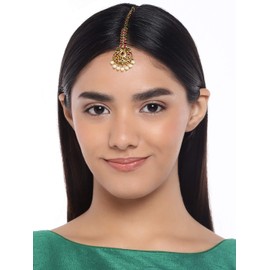 Aheli Drop Pearl Design Headpiece Maan Tikka Encrusted with Faux Red Stone Wedding Party Indian Traditional Jewelry Gift for Women