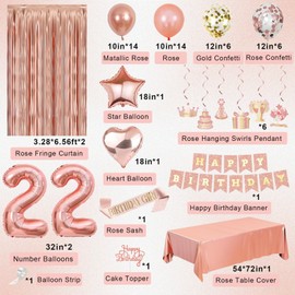22nd Birthday Decorations for Women Girls, Happy 22 Birthday Decorations for Her, Rose Gold Birthday Party Supplies with Banner, Number Balloons, Fringe Curtains, Hanging Swirls, Foil Balloons
