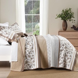 SOElinens Striped Quilt King Size - Brown Quilt Set with Matching Shams, Vintage Floral Design Farmhouse Bedding Bedspread, 3 Pieces 100% Cotton Lightweight Coverlet Home Decor for All Season