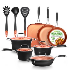 NutriChef 14-Piece Non-Stick Pots and Pans Set - Induction Ready Multi-Sized Cooking Pots with Lids, Small and Medium Frying Pans with Slotted Spatula, Pasta Server, Soup Ladle, Silicone Handles