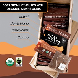 Peak State Coffee with Benefits, Medium Roast – Mushroom Coffee, Low Acid & Smooth, Dark Chocolate & Sweet Grape, Organic Whole Bean, Gluten Free, 10 Single Serve Brew Bags