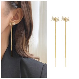 Allereya Vintage Crystal Northstar Dangle Earrings Rhinestone North Star Earrings Gold long chain tassel drop Earrings Sparkly Star Stud Earrings Jewelry for Women and Girls