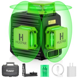 HUEPAR Laser Level 360 Self Leveling, Rechargeable 3D High Brightness Green Laser 3x360° Best Laser Leveler Tool for Construction and Picture Hanging, Strong Magnetic Bracket & Hard Suitcase -B03CG