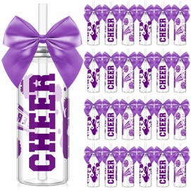 Teenyyou 24 Pcs Cheerleader Gift Bulk for Team Cheer Cups Bow Water Bottles Plastic Cheer Tumblers with Lid and Straw Clear Reusable Cup for Cheerleaders Sport Party Favor Senior Night Gift (Purple)