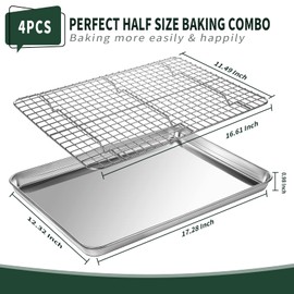 Half Sheet Pans with Rack Set [2 Pans + 2 Racks], CEKEE Stainless Half Size Large Baking Sheets with Rack -18 Inch Baking Tray Set- Rust & Warp Resistant & Heavy Duty Large Cookie Sheet