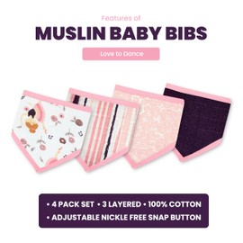 DREAMS & DIMPLES Muslin Baby Bibs 4 Pack - 100% Cotton, 3 Layered, Nickel-Free, Soft, and Absorbent Baby Bibs for Feeding and Drooling, Premium Quality Unisex Muslin Bibs for Newborns and Infants