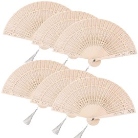 6 PCS Wooden Folding Fan, Sandalwood Fan Decorative Hollow Fan Wooden Fans Vintage Folding Handheld Fan Wooden Wedding Fan Ornament Chinese Fan Wood Hand Fans with Tassels for Women Folding Wedding