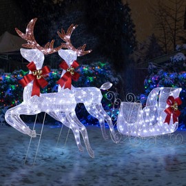 Reindeer and Sleigh Outdoor Decorations, Lighted Reindeer Christmas Outdoor Yard Decorations with 270 LED Lights, Light Up Reindeer with Sleigh Decor for Lawn, Garden, Outside and Indoor