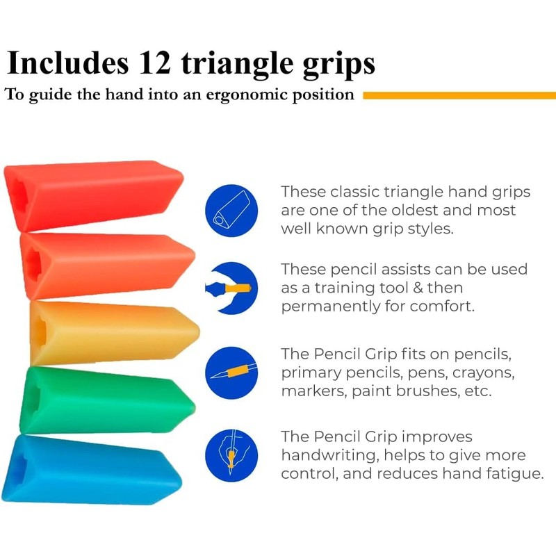The Classics 12-Pack Triangle Pencil Grips, Assorted Bright Colors, 1.75-Inch