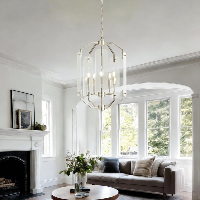 OKELI 15.7” Farmhouse Chandelier for Dining Room, 5-Light Brushed Nickel