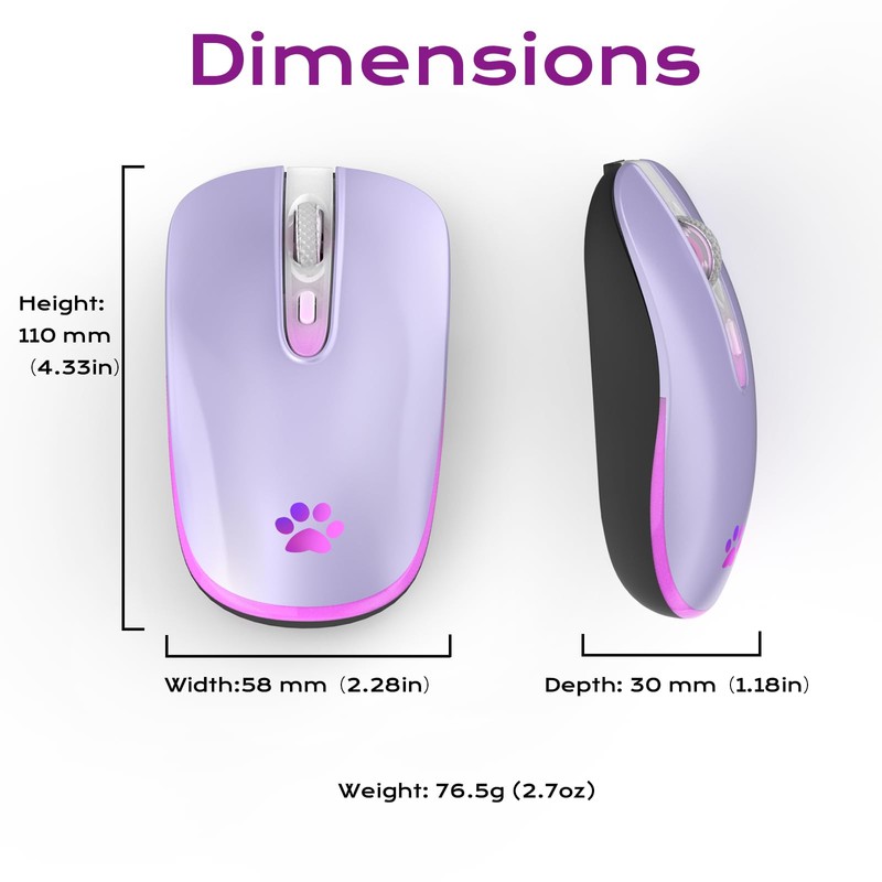 LKV Wireless Bluetooth Mouse, 2.4GHz Slim Purple Mouse with USB
