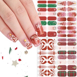 Christmas Nail Full Stickers Christmas Tree Gel Nail Stickers Strips Nail Design Self-Adhesive Santa Claus Snowflake Pattern Stickers Full Wrap Gel Nail Strips Stickers for Women Manicure 4 Sheets