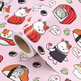 WRAPAHOLIC Cat Sushi Wrapping Paper - Mini Roll - 17 Inch x 16.5 Feet - Adorable Pink Sushi Cat Wrapping Paper for Baby Showers, Birthday, Wedding