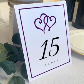 Linked Hearts and Border Wedding Table Numbers (Select Color/Quantity), White, Eggplant, 1-20, Double Sided, Tent or Use in a Stand, Great for Parties & Restaurants