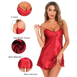Lovasy Satin Nightdress Women's Negligee Sexy Black Short Chemise Spaghetti Straps Babydoll V Neck Sleepwear Sleepwear Underdress Night Dress, Y-red