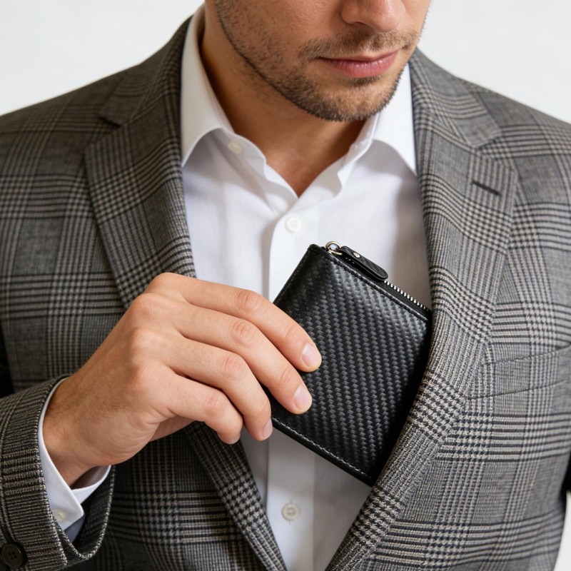 AfitLulu Men's Wallet with Zipper, Carbon Leather Bifold Wallets For