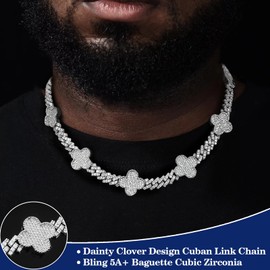 WORFAJEW 8MM Iced Out Cuban Link Chain for Men Women, 5A+ Cubic Zirconia Simulated Diamond Chains 18k Gold Plated Hip Hop Necklaces Four Leaf Miami Choker Charms for Rapper Jewelry Gift 18inch