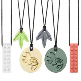 MR.TIMELAG Sensory Chew Necklaces 5-Pack - BPA-Free Teething Necklace Set (2 Dinosaurs, 2 Paw Prints & 1 Building Block) - Oral Motor Chew Toys for Kids with Autism/ADHD - Sensory Toys for Babies and Adults