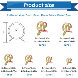 Eoppen 72Pcs Spring Hose Clamps Fuel Line Silicone Vacuum Hose Low Pressure Air Clamps & Sleeving Automotive Replacement Fastener Assortment Kit 6 Sizes (7mm 10mm 11mm 14mm 16mm 17mm)