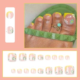 24Pcs Square False Toenails Glossy French Yellow Border Press on Toenails Shiny Stick on Toenails Short Acrylic Full Cover Summer Fake Toenails for Women and Girls Daily Decorations