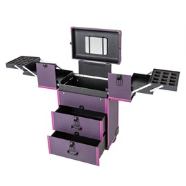 Makeup Train Case, Professional Rolling Cosmetic Trolley Case Lockable Portable Cosmetic Organizer Trolley Large Cosmetic Orgainzer for Wedding Makeup Scenarios Outdoor Shooting Cinemas (Purple)