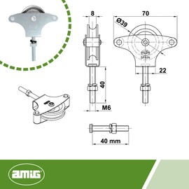 Amig - Pulley for Clothes Airer | Steel | 39 mm Metal Roller | Includes Fastening Screw and Guides | Secure Clothes Line Pulley | Exterior Clothes Line Pulley