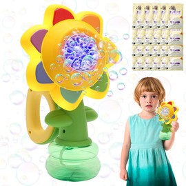 RANJIMA Blumen Seifenblasen Maschine, Seifenblasenmaschine Kinder mit Lichtern und 20 Seifenblasenlösung, Wiederaufladbare Tanzende Sonnenblumen-Seifenblasenmaschine Bubble Machine für Kinder Party