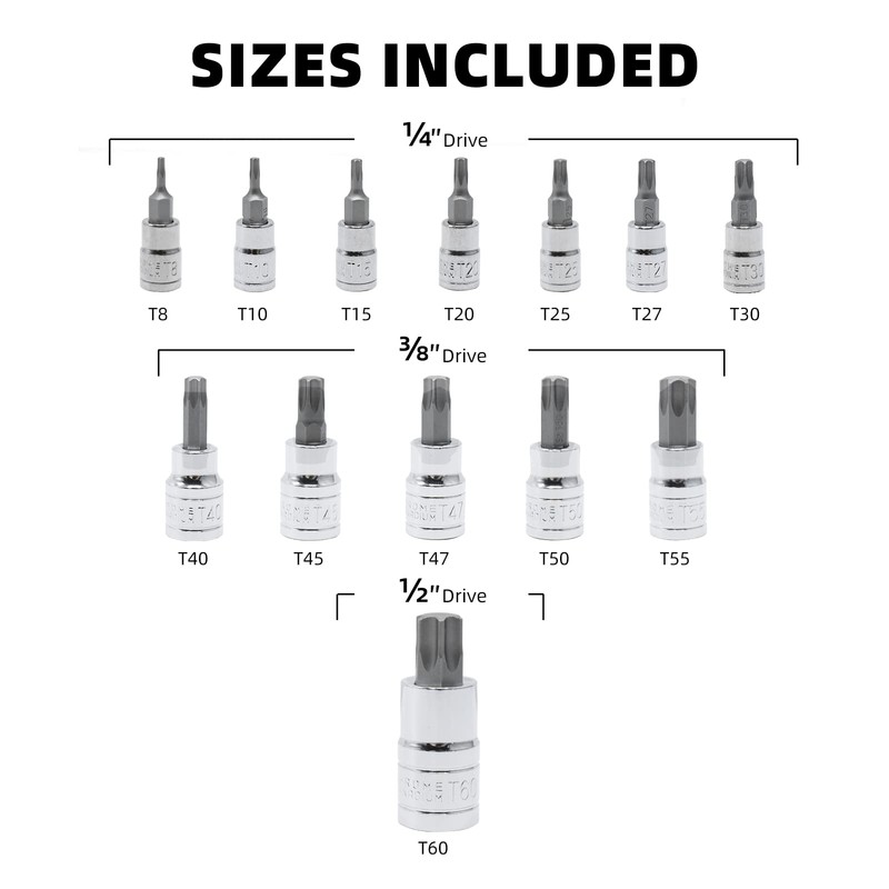 CCLIFE 13Pcs Torx Bit Socket Socket Socket Wrench Set T8-T60