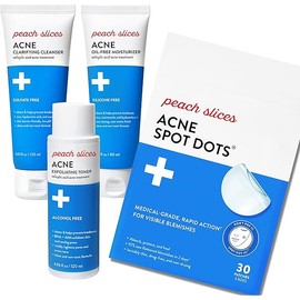 Peach Slices Acne Spot Dots, Exfoliating Toner, Clarifying Toner and Oil-Free Moisturizer Acne Fighting Bundle | Vegan and Cruelty-Free