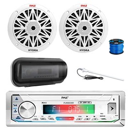 Pyle PLMRB39W Marine Single DIN Bluetooth AM/FM Stereo Receiver, Radio Cover, 2X 6.5 200 Watt Peak Full Range 2-Way Waterproof Audio Speakers w/Wire, Long Range Antenna