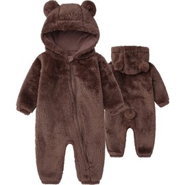 Babymine Infant Boy's Zipper Romper Fleece Jumpsuit Solid Bear Hooded Snowsuit Footie Onesie Brown 6-9Month