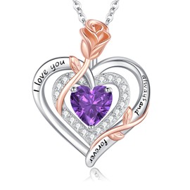 LAVUMO Women's Necklace 925 Silver Double Heart Rose Flower Chain Women's Birthstone Necklaces Mother's Day Birthday Valentine's Day Christmas Jewellery Gifts for Women Mum Girlfriend, Sterling Silver