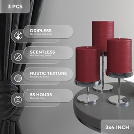 CANDWAX 3x4 Pillar Candle Set of 3 - Decorative Rustic Candles Unscented and No Drip Candles - Ideal as Home Decor Candles or Large Candles for Home Interior - Burgundy Candles