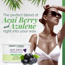 Clean + Easy Acai Berry Hard Wax for Hair Removal – Non-Strip, Depilatory Wax for Painless Full Body, Face, Bikini Brazilian Waxing, Removes Fine to Coarse Hair, 14 oz
