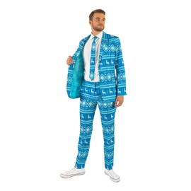 Offstream Men's Ugly Christmas Suit - Nordic Reindeer Print Holiday Clothing - Blue - White X-Mas Design -Includes Blazer, Pants - Tie