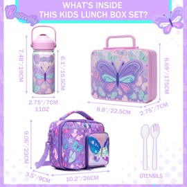Butterfly Lunch Box for Girls Bento Box for Kids with Lunch Bag,Stainless Steel Water Bottle,Ice Pack Set Birthday Gifts for Ages 3-12 Back to School Toddler Girls