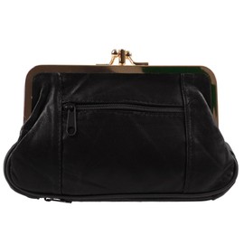 Oakridge Leather Ladies Double Clasp Coin Purse with Space for Credit Card - Black