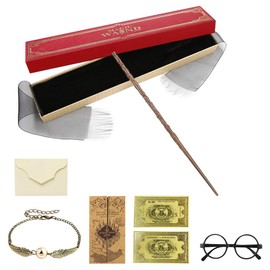 WDKXCN Hermione Granger Wand, 37CM Hermione Wands With Steel Core and Resin, Magic Hermione Wand in Gift Box with Gold-Stamped Tickets, Acceptance Letter, Map, Black Glasses, Bracelet