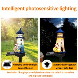 YZYOE Solar Blue and White Lighthouse Atmosphere Lights, Garden and Courtyard Decoration Resin Cute House Floor Lamp, Wireless Dusk to Dawn LED Lights Waterproof.