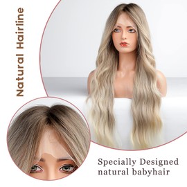 EMMOR Blonde Lace Front Wig Long Wavy Ombre Platinum Blonde Middle Part Lace Wigs for Women Gray Lace Wigs with Baby Hair
