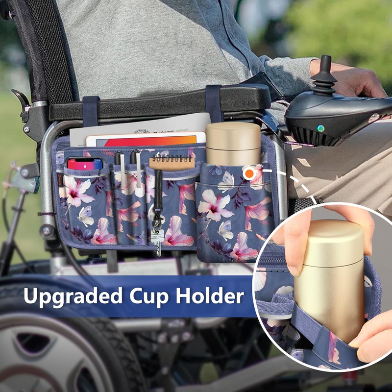 FINPAC Wheelchair Side Storage Bag w/Cup Holder, Wheelchair Armrest Accessories