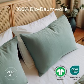 Dreamzie - 100% Organic Cotton - Pillowcase 40 x 60 cm Cotton - Set of 2 - Green - Cushion Cover with Zip - Oeko-Tex