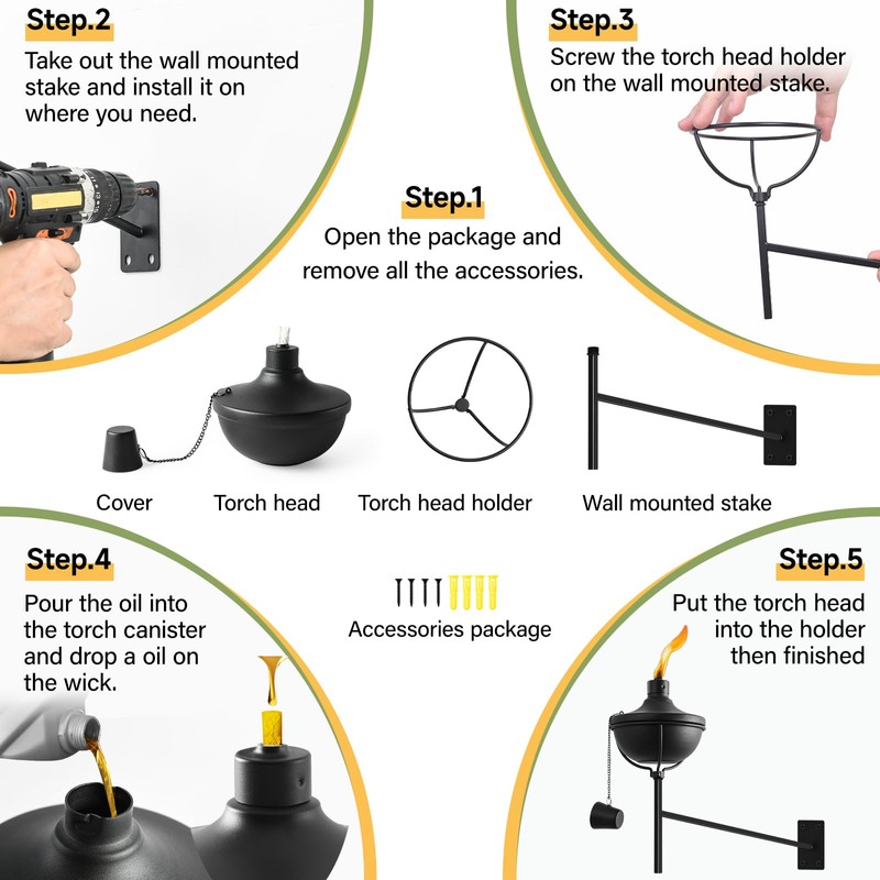 ZSZMFH 6 Pcs Wall Mounted Citronella Torches, 23.5 oz Garden